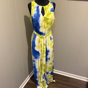 B19 Tahari Arthur S. Levine Sleeveless Abstract Vibrant Blue Green Maxi Dress